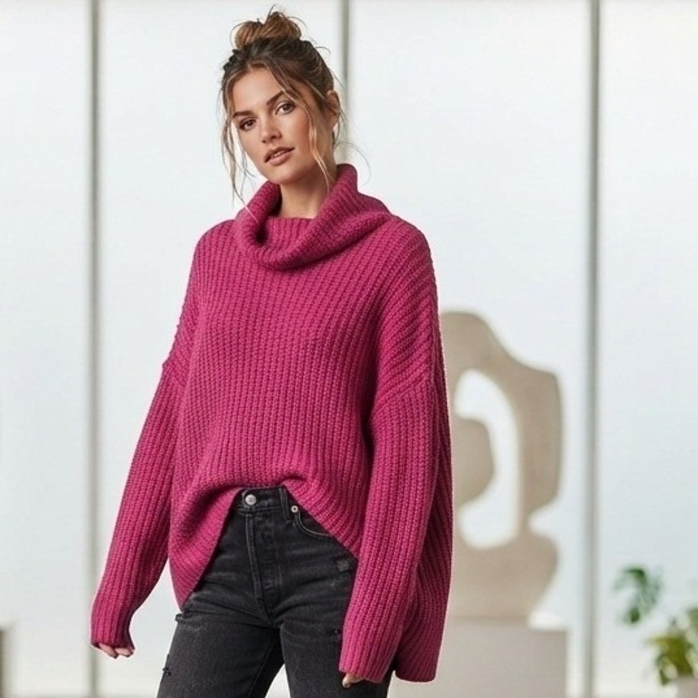 Free People Swim Too Deep Sweater Womens XS Pink Cowl Neck Chunky Rib Knit Boho